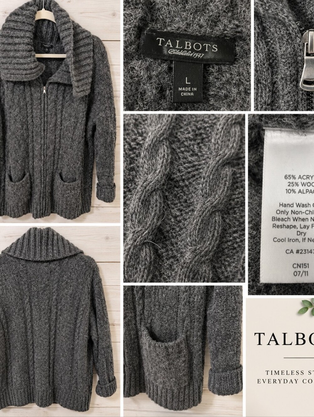 Talbots Charcoal Gray Cable-Knit Zip-Up Cardigan